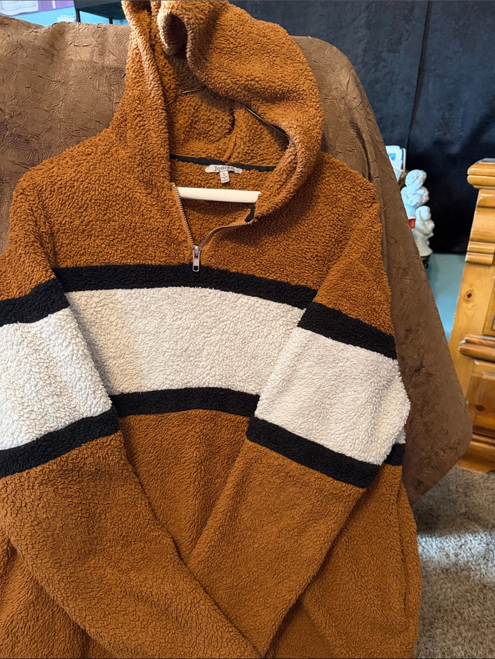JODIFL Brown Teddy Sherpa Half Zip Pullover Hoodie Size S